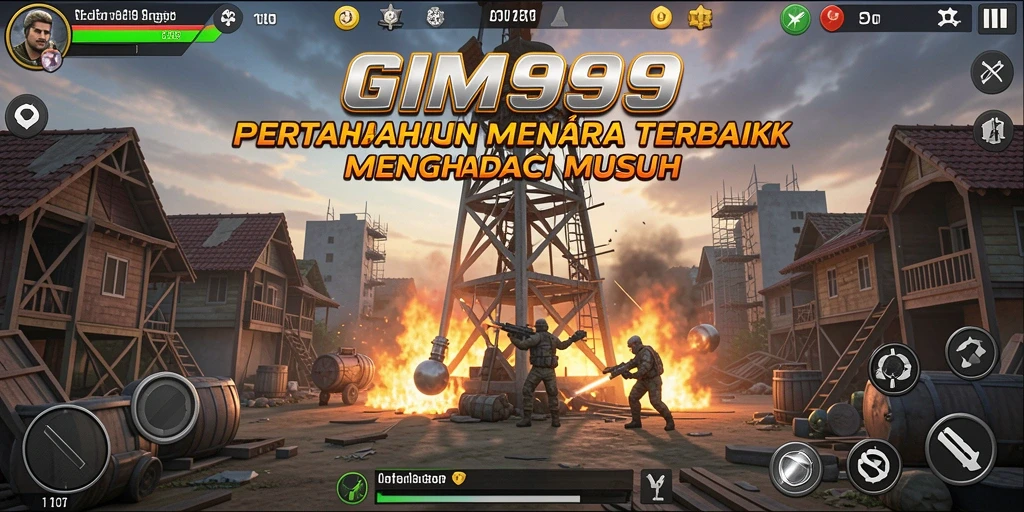 Screenshot GIM999 menampilkan aksi menara pertahanan menghadapi serangan musuh.