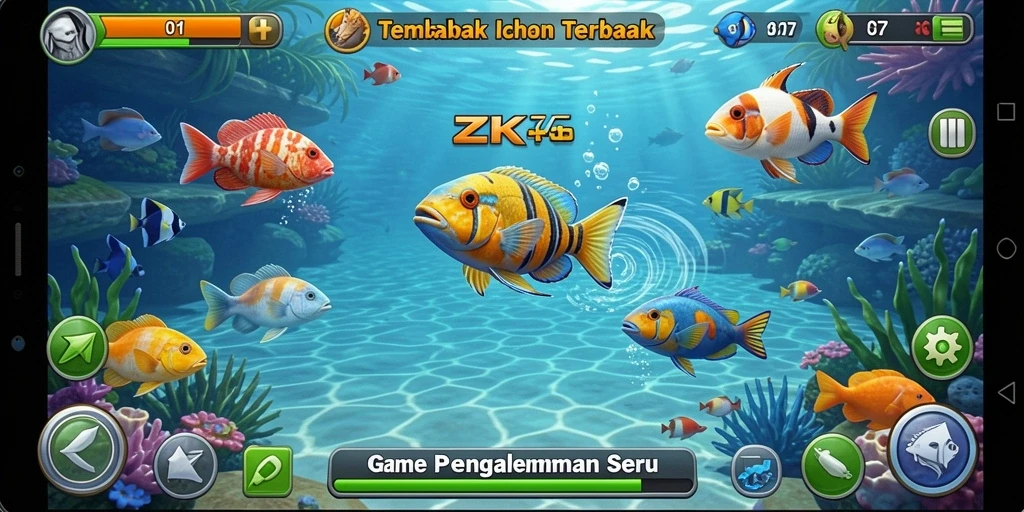 Screenshot ZK7 menampilkan gameplay Tembak Ikan yang seru dan penuh warna.